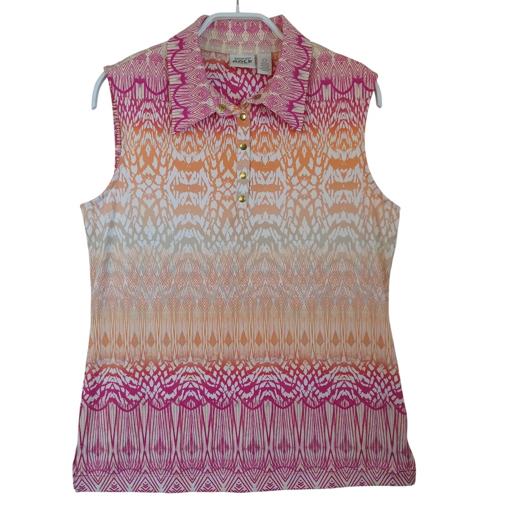 Zenergy Golf by Chicos Womens Sleeveless Polo Shirt Pink Orange Ikat Print Small